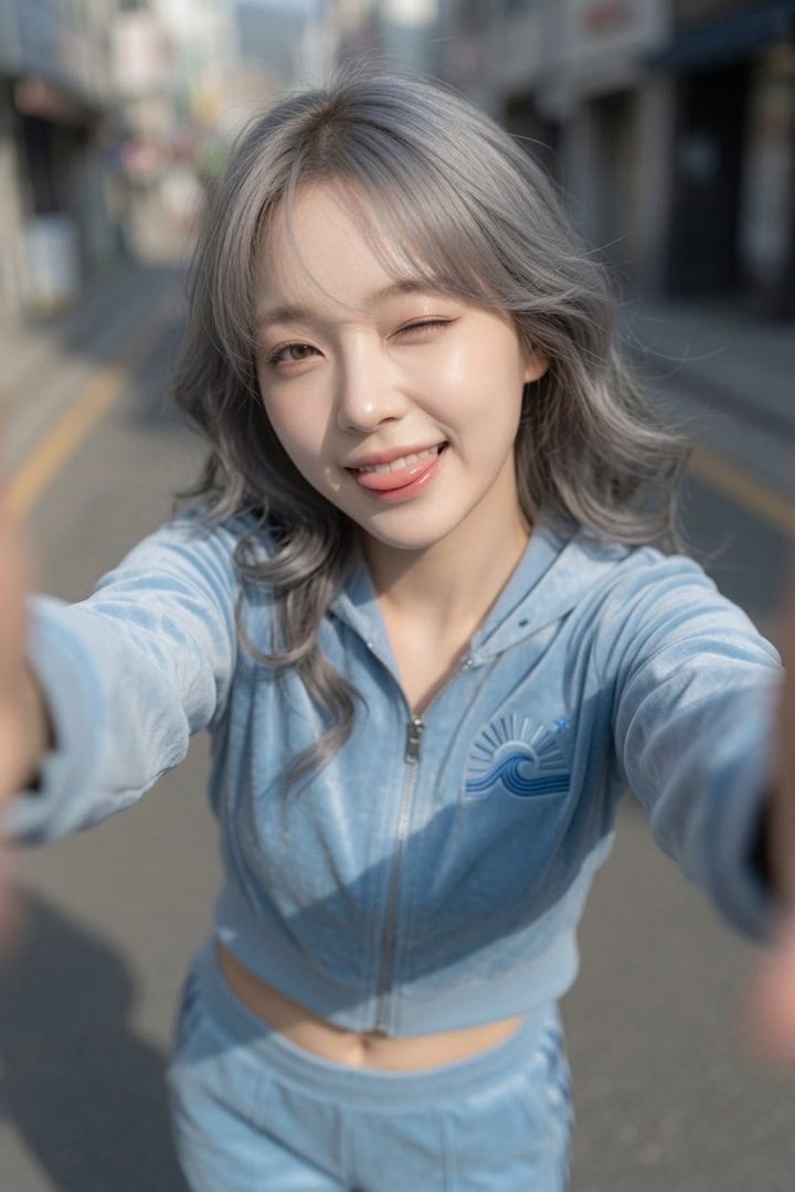 A young woman with silver hair winks and sticks out her tongue while taking a selfie in a light blue velour tracksuit on a street.