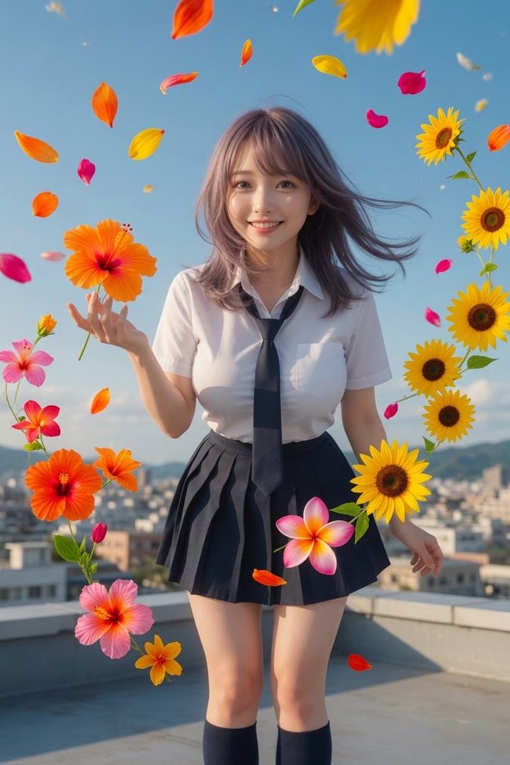 A young woman in a school uniform with a tie and pleated skirt, holding a hibiscus flower, with sunflowers and falling petals around her against a blue sky.