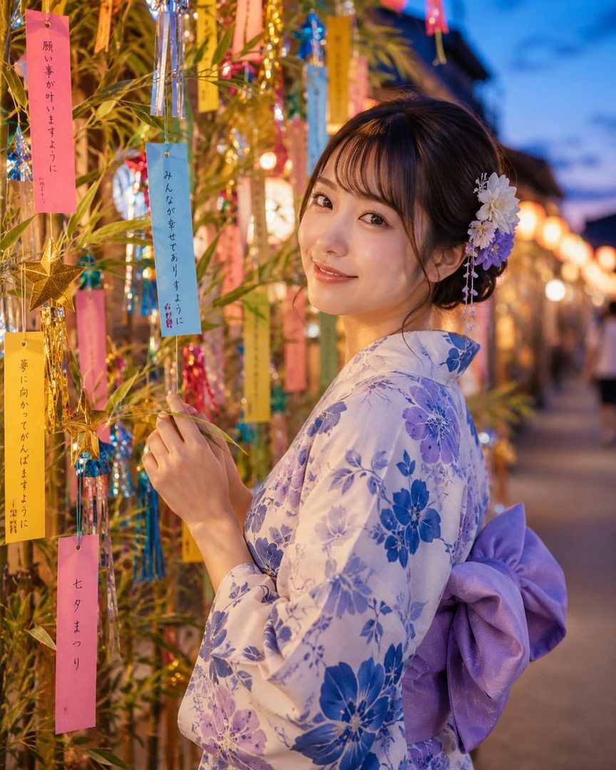 A young Japanese woman in a floral yukata smiles gently, with colorful tanzaku wishes hanging on bamboo in the background during a summer festival.