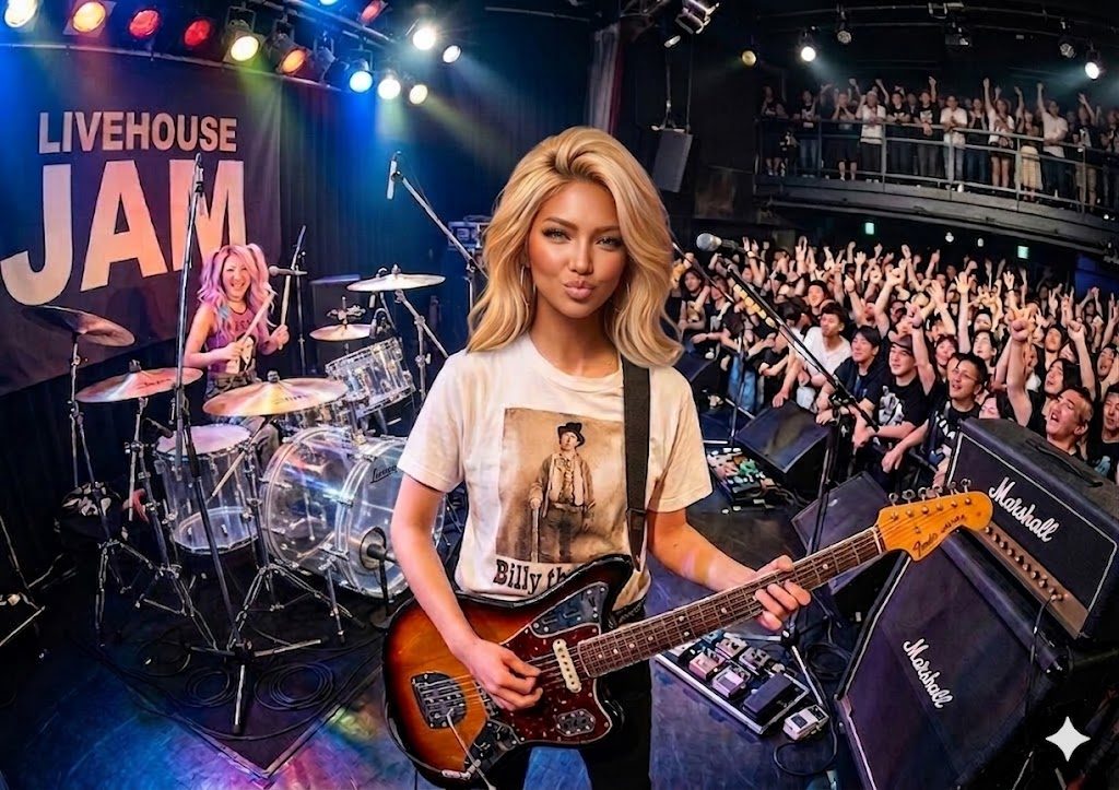 A blonde woman plays guitar on stage in front of a cheering crowd, with a drummer in the background.