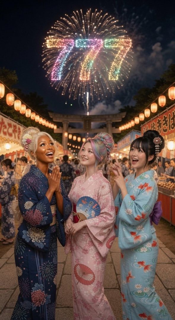 Three young women in colorful kimonos smile and look up at a fireworks display featuring the number 777, at a night festival.