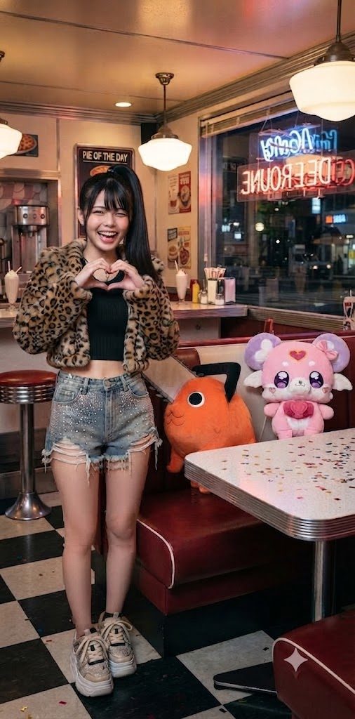 A young woman with a high ponytail and bangs, wearing a leopard print jacket and distressed denim shorts, makes a heart gesture in a retro diner.