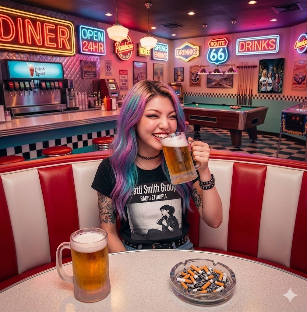 A young woman with colorful dyed hair smiles broadly while drinking a large mug of beer in a retro diner.
