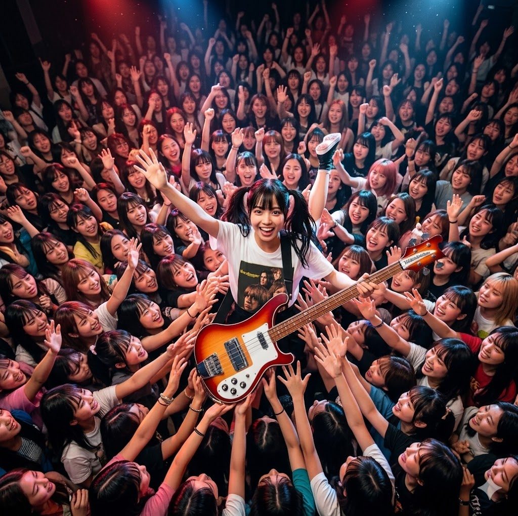 A young woman with twintails plays a bass guitar in front of a cheering crowd of fans.