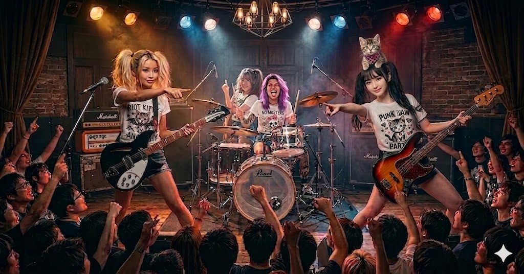 A Japanese rock band performs on stage in front of a cheering crowd, with a cat perched on one of the band members' heads.
