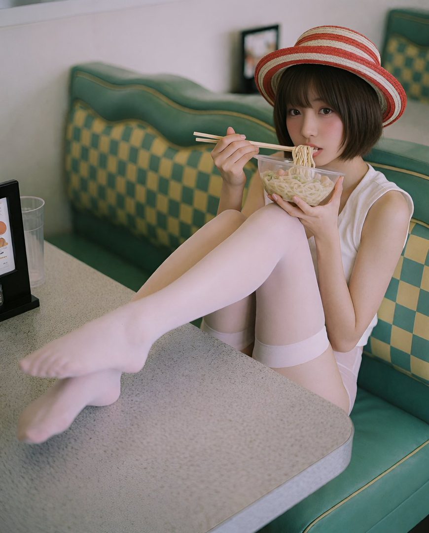 A young woman with short black hair and a striped hat eats noodles with chopsticks while sitting in a diner booth.