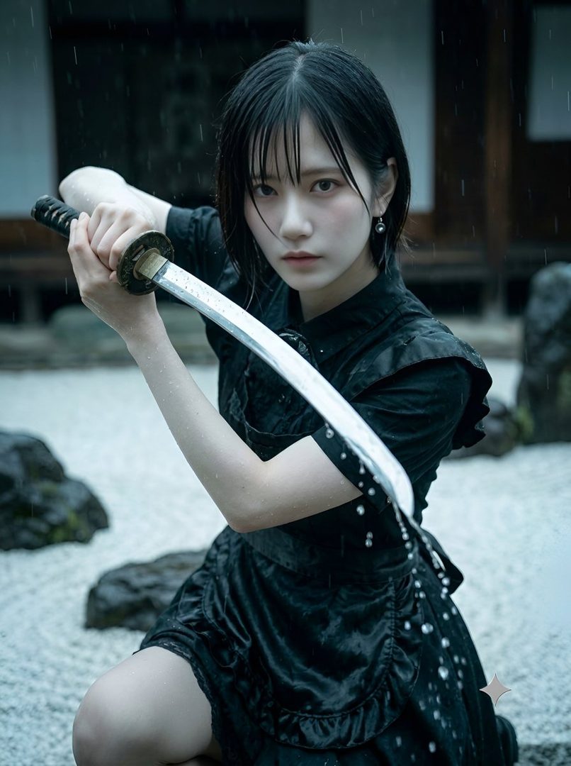A young woman with short black hair holds a katana in the rain, looking intensely at the camera.