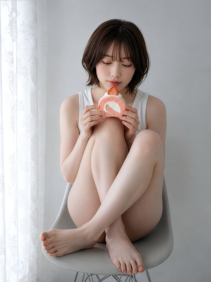 A young woman with short brown hair sits on a chair, holding a slice of strawberry roll cake.