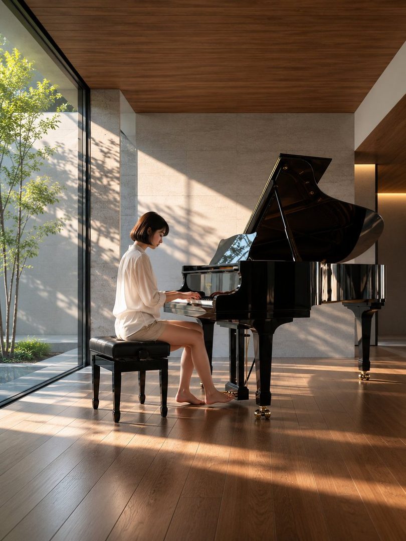 A young woman with short black hair plays a grand piano in a modern room with large windows.