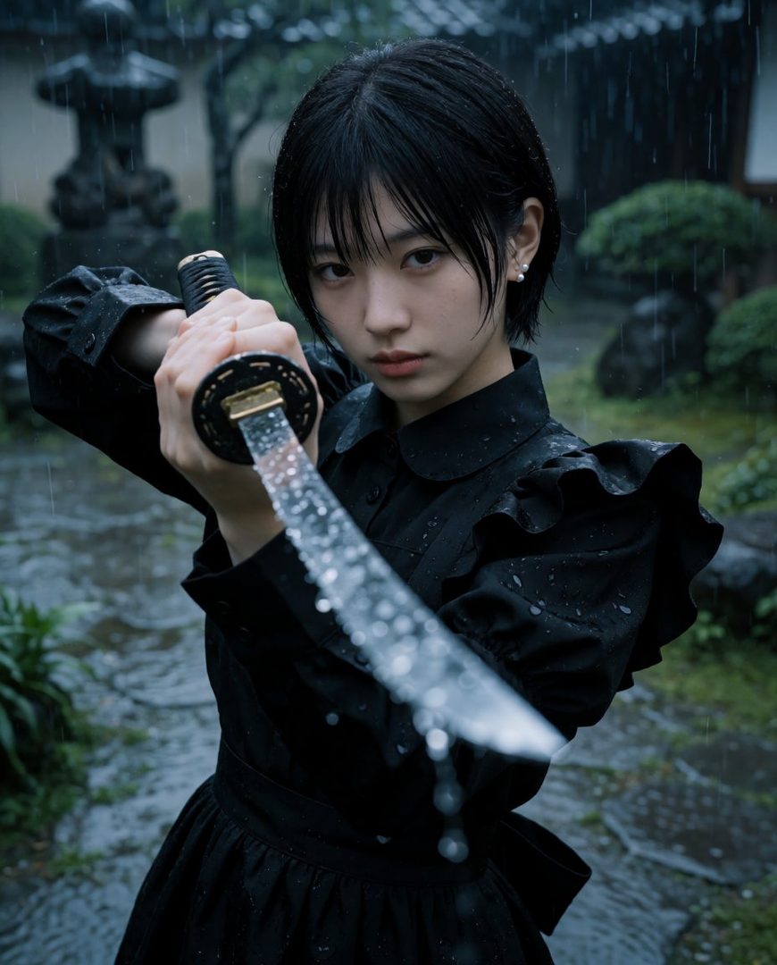 A young woman with short black hair holds a katana in the rain, dressed in a black outfit.
