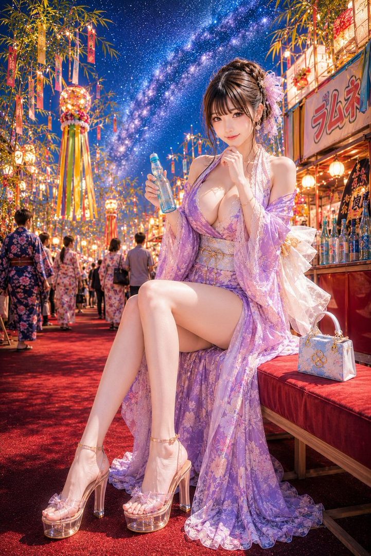 A beautiful young woman in a purple floral dress sits on a red bench, holding a bottle of soda, at a Japanese summer festival under a starry sky.