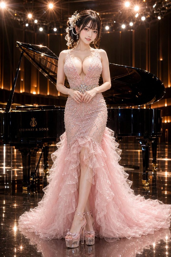 A beautiful AI-generated woman in a sparkling pink mermaid-style gown stands in front of a grand piano on a stage with dramatic lighting.