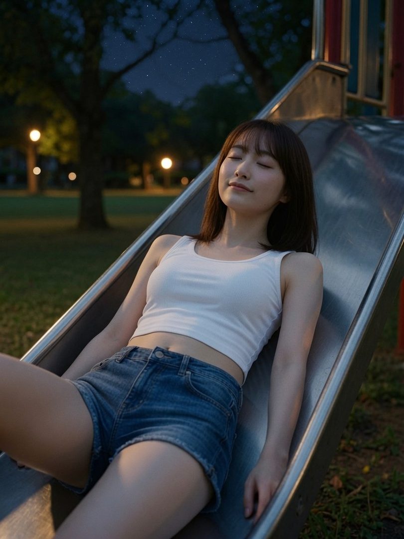 A young woman with her eyes closed, wearing a white crop top and denim shorts, lies on a metal slide in a park at night with soft lighting and visible stars.