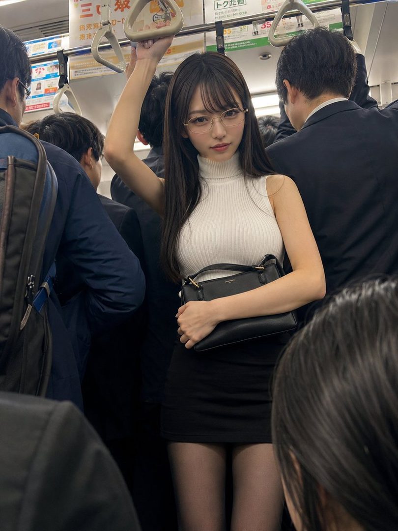 A young woman with long dark hair and glasses stands in a crowded train, holding onto a strap, wearing a white sleeveless turtleneck and a black mini skirt.