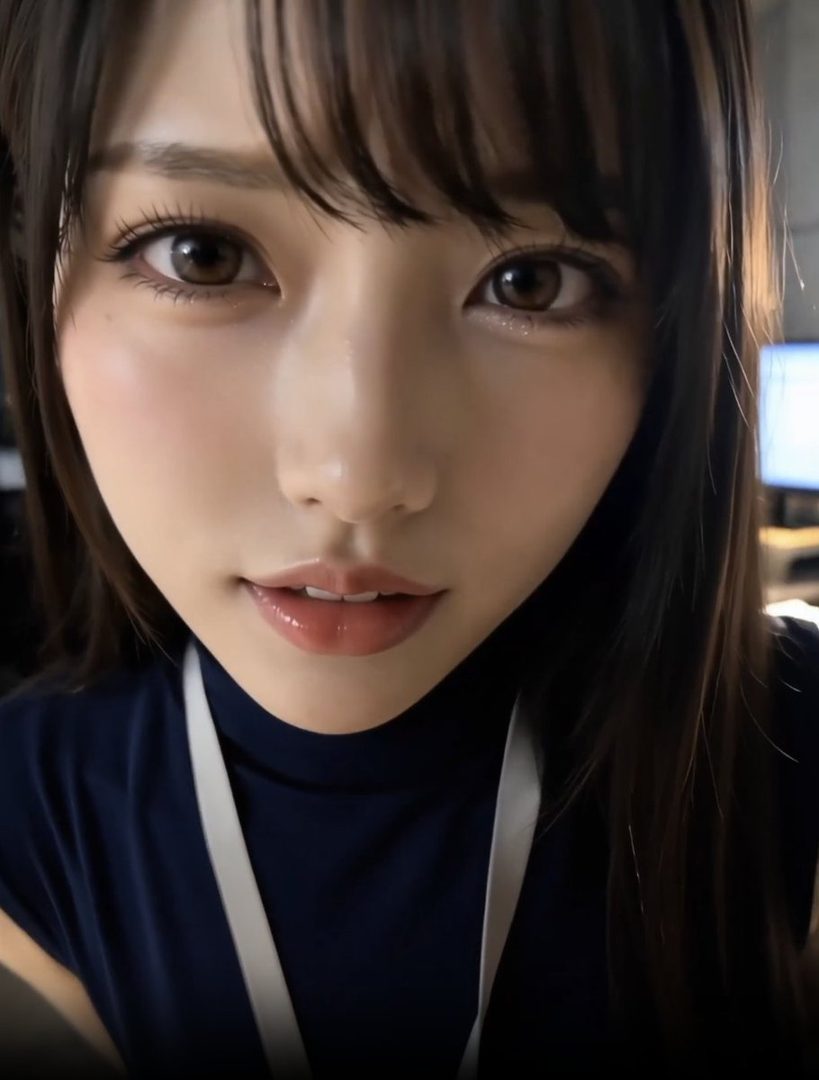 A close-up portrait of a woman with dark brown hair and bangs, wearing a navy turtleneck and a lanyard, looking directly at the viewer.