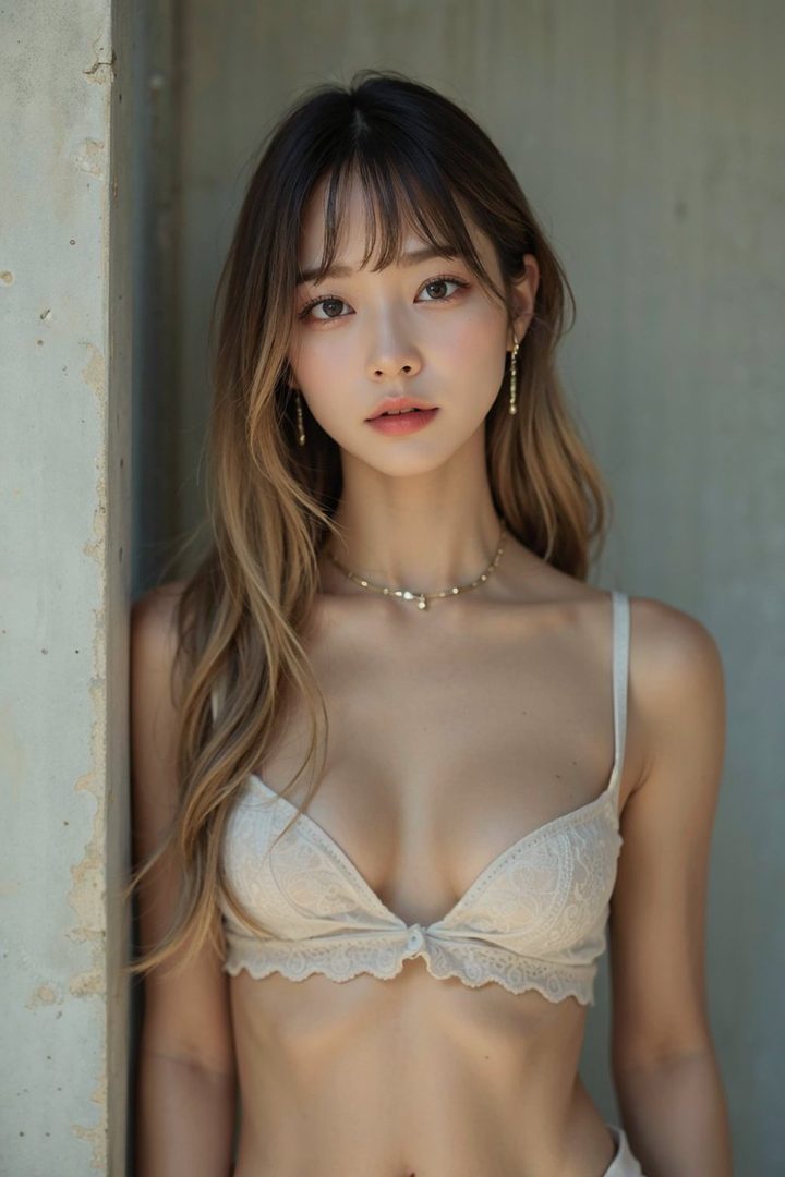 A beautiful young woman with long, wavy brown hair and bangs, wearing a delicate lace bra and a necklace, poses against a textured wall.