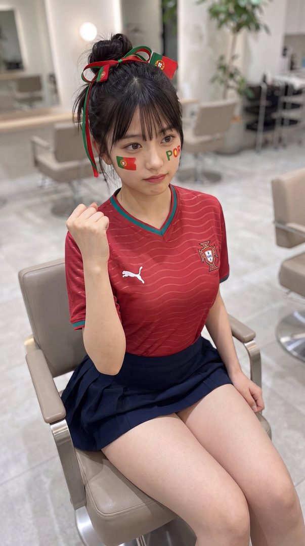 A young woman with her hair styled in a bun and decorated with Portuguese flag ribbons, wearing a Portugal soccer jersey and a navy blue pleated skirt, with face paint showing the Portuguese flag and the letters 'POR'.