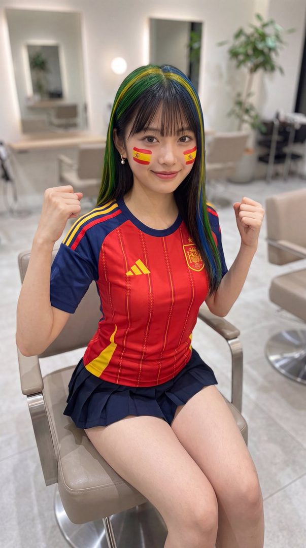 A young woman with colorful dyed hair and Spanish flag face paint smiles and clenches her fists, wearing a Spanish national soccer team jersey and a dark pleated skirt.