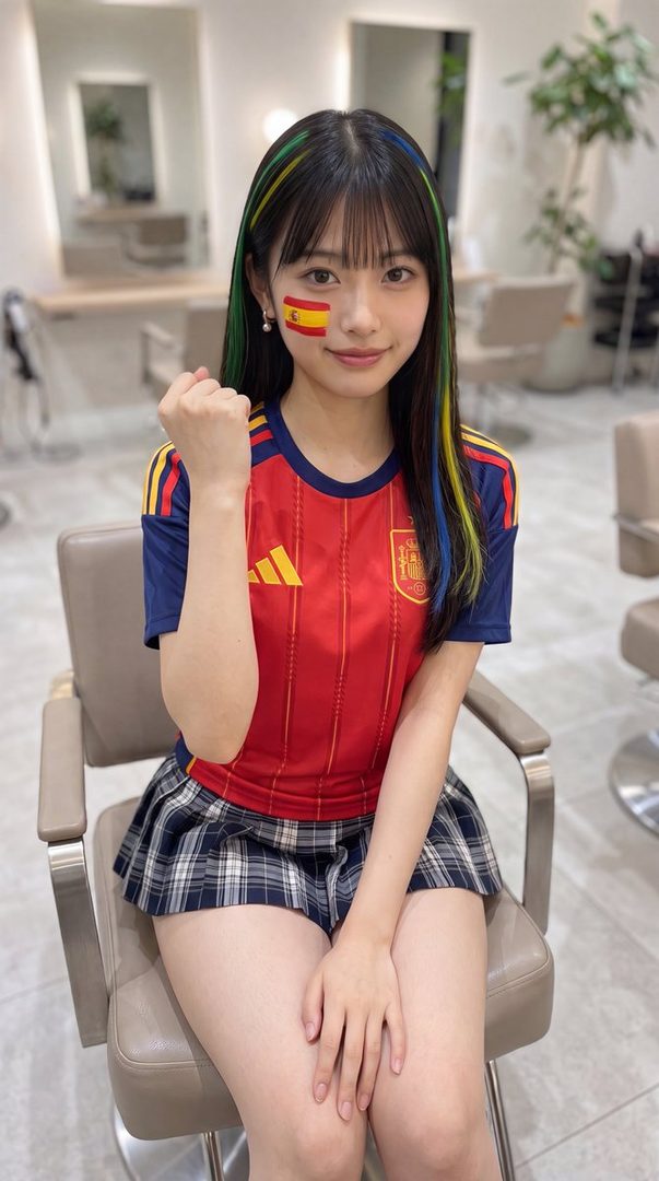 A young East Asian woman with colorful streaks in her black hair, wearing a Spanish national soccer team jersey and a plaid skirt, with the Spanish flag painted on her cheek, poses playfully indoors.