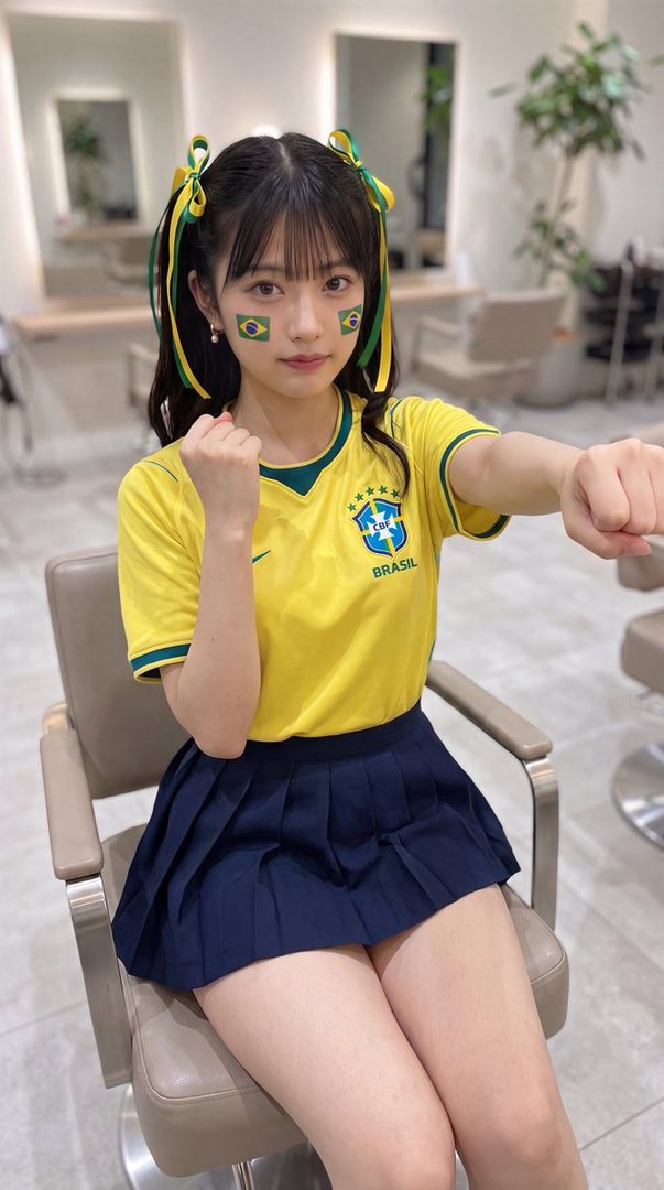 A young woman with pigtails and Brazilian flag face paint, wearing a Brazil soccer jersey and a pleated skirt, poses for a photo.