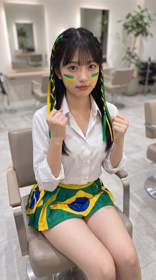 A young woman with black hair in braids, wearing a white shirt and a pleated skirt with the Brazilian flag pattern, sits in a chair with face paint.