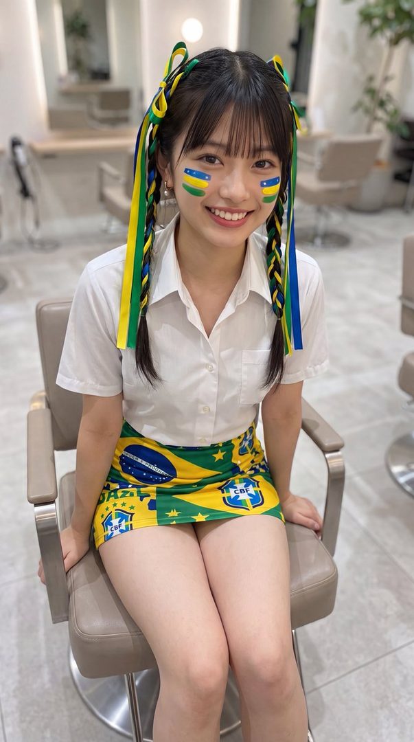 A young woman with pigtails and face paint in Brazilian colors smiles brightly, wearing a white shirt and a Brazil-themed skirt.