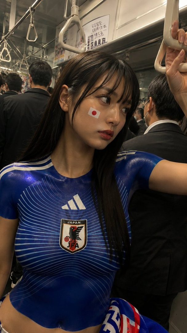 A young woman with long black hair and a Japan flag sticker on her cheek, wearing blue body paint designed like a Japan soccer jersey, stands in a crowded subway train.