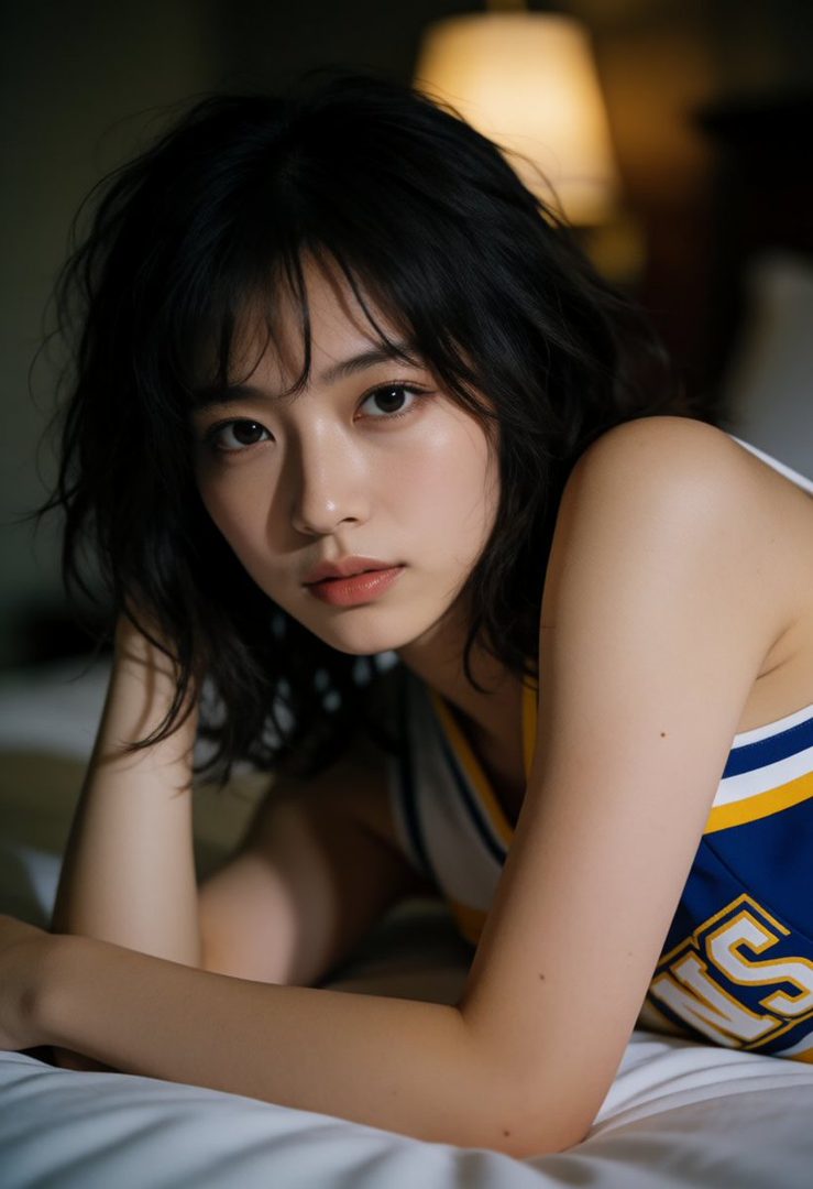 A young woman with short black hair and bangs, wearing a blue and yellow sports top, lies on a bed with her arms crossed, looking at the camera.