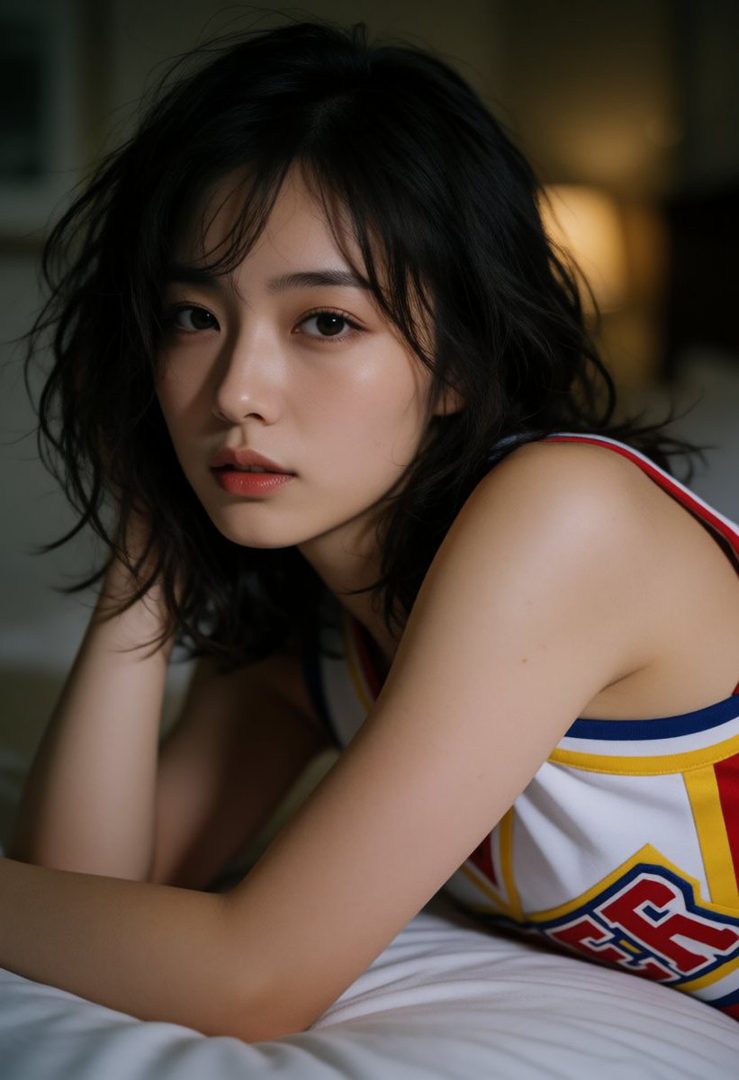 A beautiful young woman with dark, wavy hair, wearing a sporty top, poses indoors with a soft, dreamy expression.