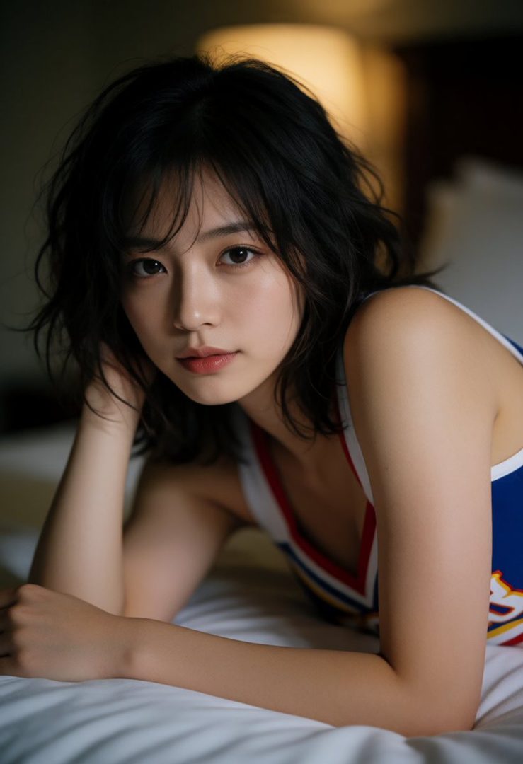 A close-up portrait of a young East Asian woman with short, dark, wavy hair, lying on a white bed. She is wearing a blue and red sports top and looking towards the camera with a soft expression. The lighting is warm and highlights her features.