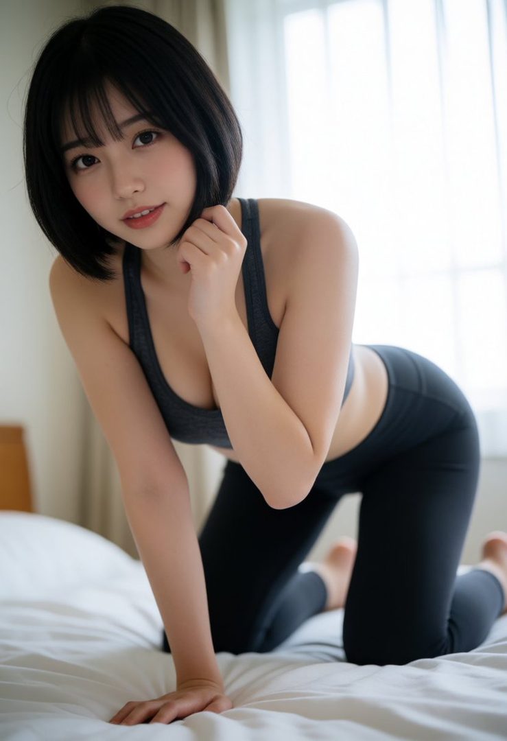 A young East Asian woman with short black hair, wearing a grey sports bra and black leggings, poses on a bed.