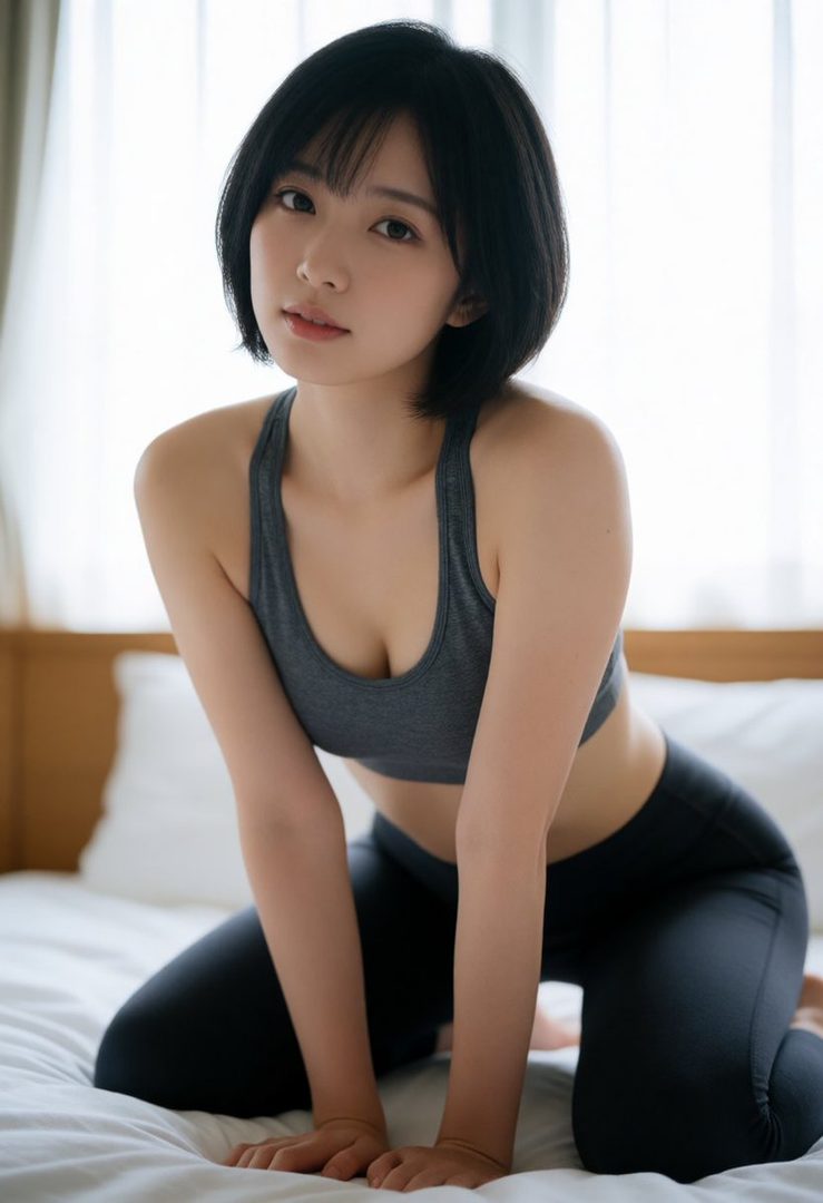 A young East Asian woman with short black hair, wearing a grey sports bra and black leggings, poses on a bed indoors.