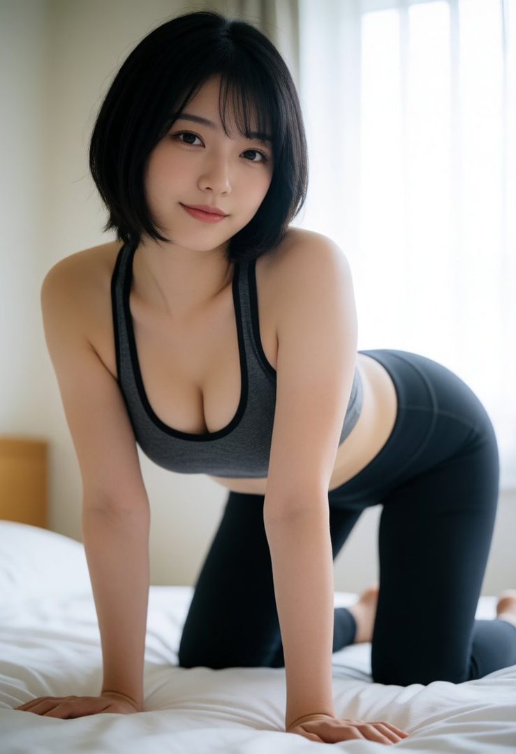 A young East Asian woman with short black hair and bangs, wearing a grey sports bra and black leggings, poses on a bed indoors.