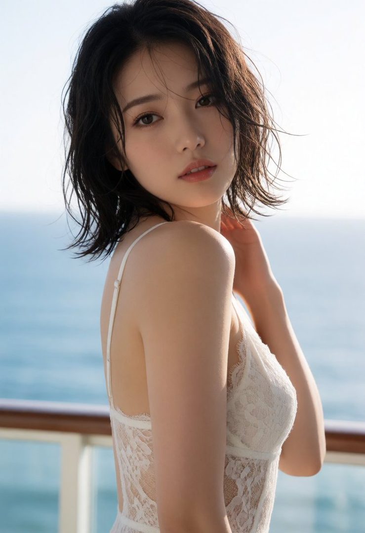 A young woman with short, dark, wet hair poses sensually in a white lace camisole, with the ocean in the background.