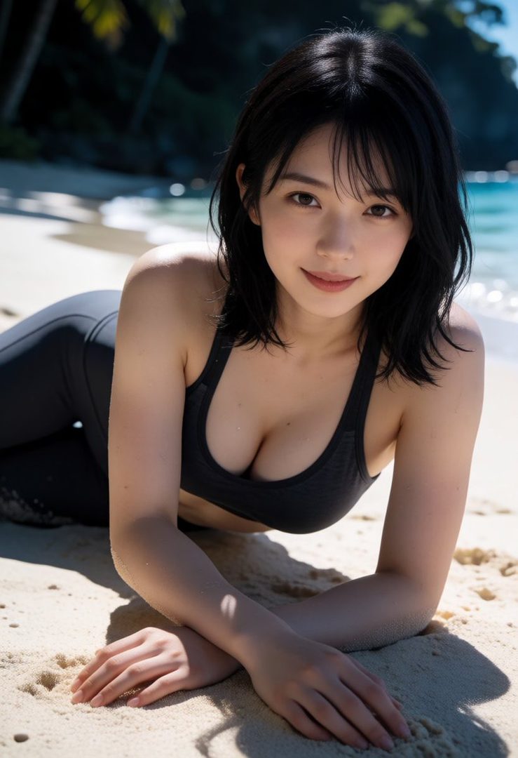 A young woman with short black hair lies on a sandy beach, wearing a black sports bra and leggings, with the ocean and palm trees in the background.
