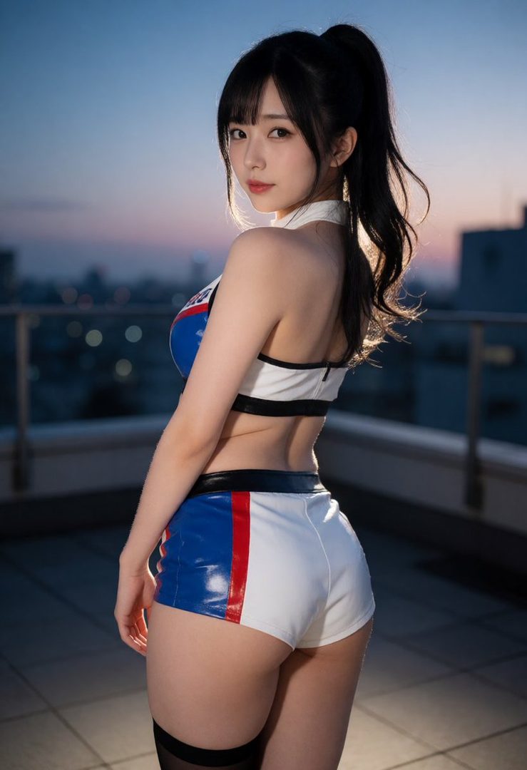 A young woman with black hair in a ponytail, wearing a race queen outfit, poses on a rooftop at dusk.