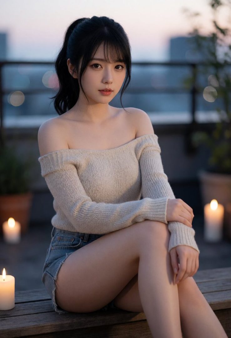 A young woman with black hair in a ponytail, wearing an off-the-shoulder sweater and denim shorts, sits outdoors at dusk with candles lit.