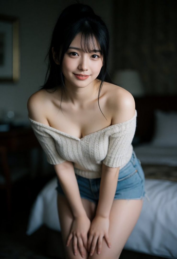 A young East Asian woman with black hair, wearing an off-the-shoulder sweater and denim shorts, poses indoors with a gentle smile.