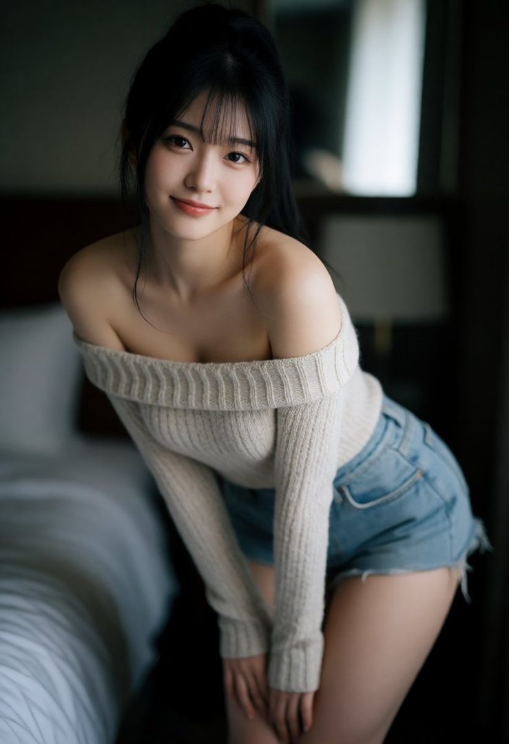 A young woman with black hair tied in a ponytail, wearing an off-the-shoulder sweater and denim shorts, poses indoors with a gentle smile.