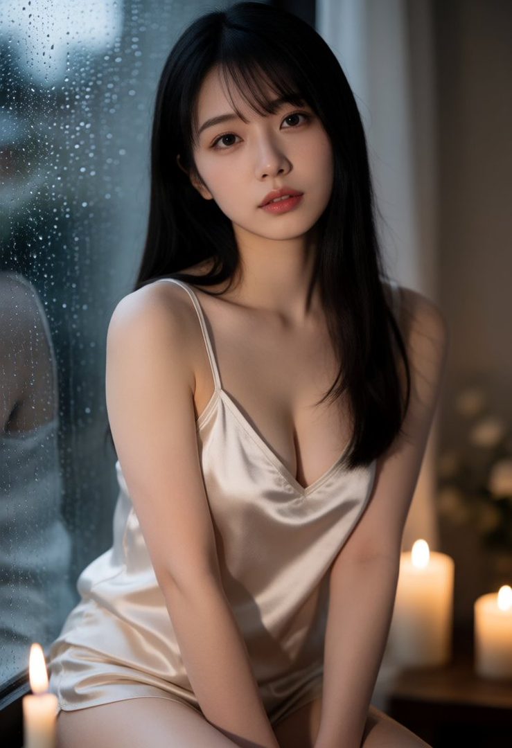 A young woman with long black hair, wearing a satin slip dress, sits by a window with raindrops on it, illuminated by candlelight.