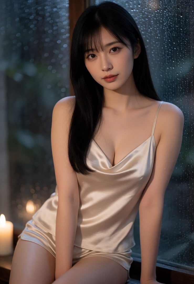 A beautiful East Asian woman with long black hair, wearing a silky slip dress and shorts, poses indoors by a rain-streaked window, with a candle lit nearby.