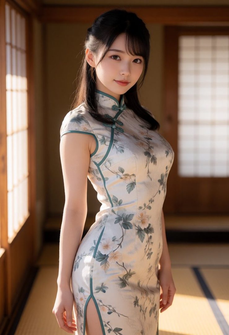 A beautiful East Asian woman in a floral qipao dress poses indoors, with soft lighting highlighting her features.
