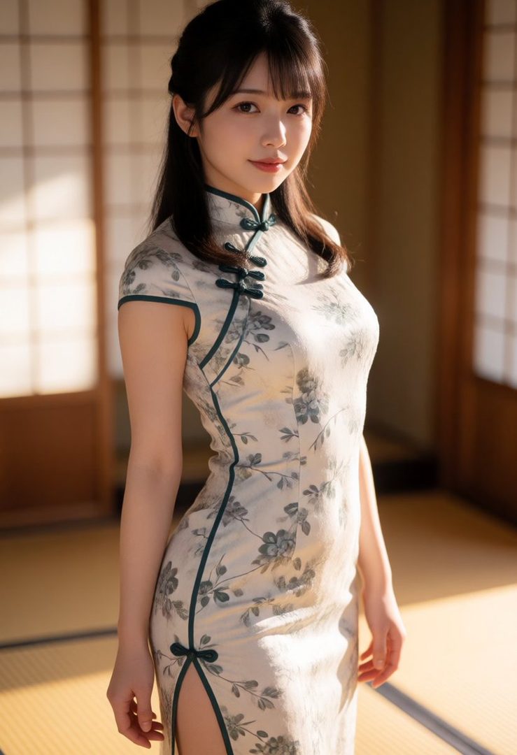 A beautiful East Asian woman with long black hair, wearing a floral qipao dress, posing indoors.
