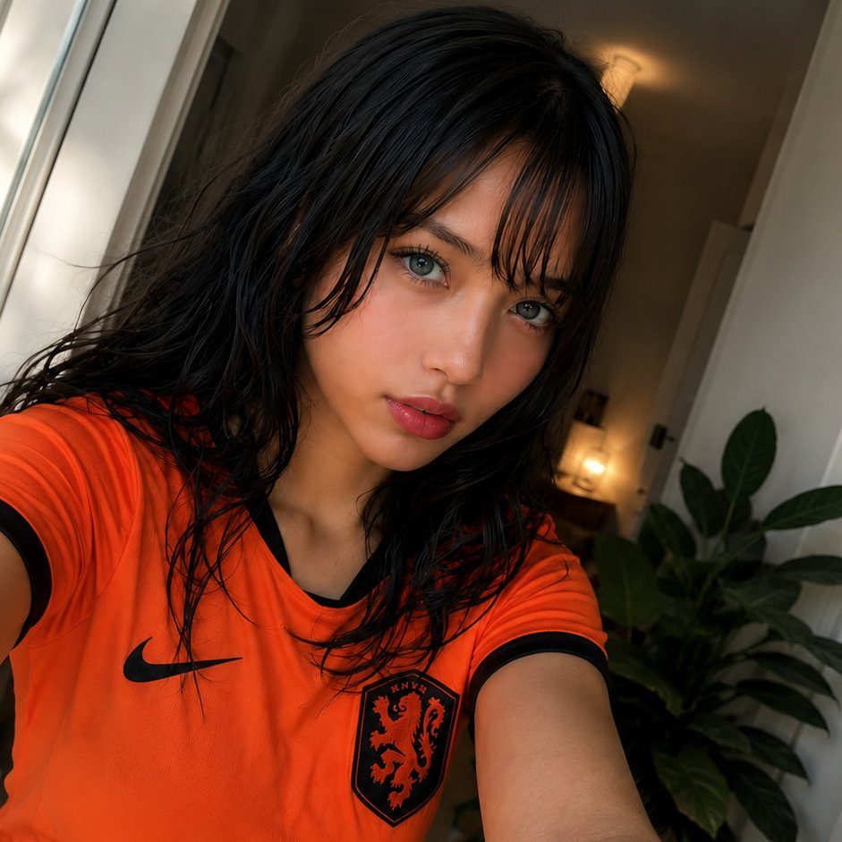 A young woman with long black wavy hair and bangs, wearing an orange sports jersey, takes a selfie indoors.