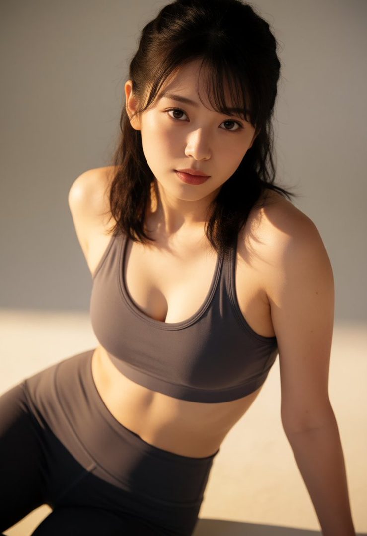 A young East Asian woman with dark hair tied up, wearing a grey sports bra and leggings, poses in a studio with soft lighting.