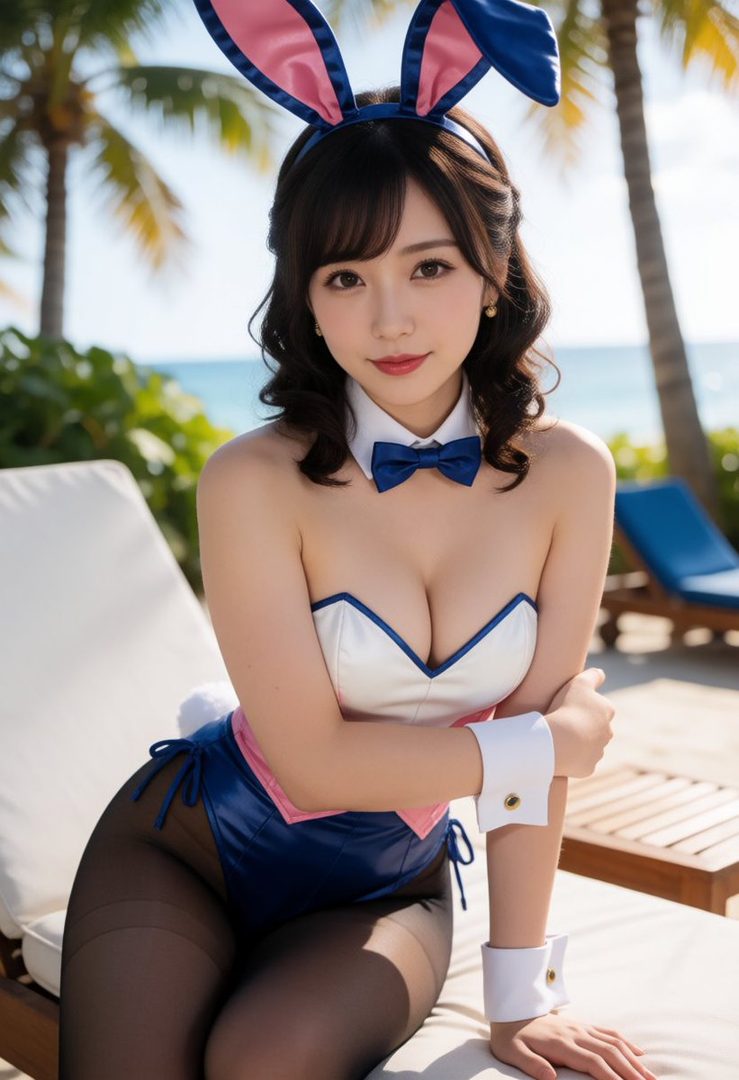 A young woman in a bunny-girl outfit poses on a beach lounger with palm trees and the ocean in the background.