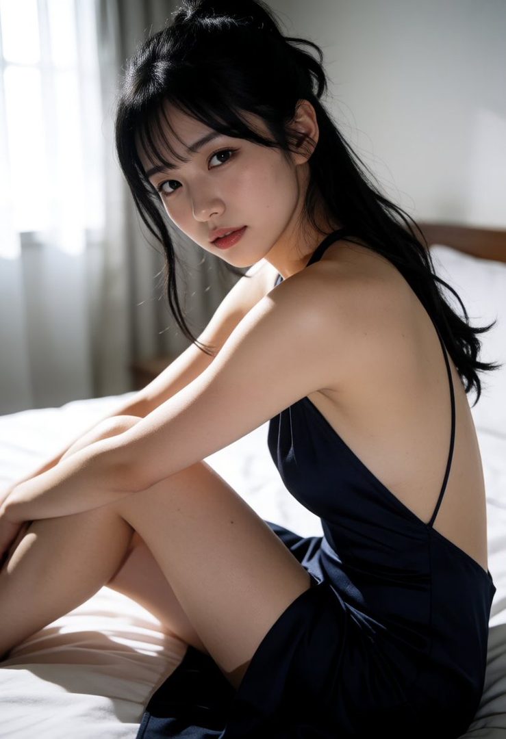 A young woman with long black hair sits on a bed, wearing a dark blue slip dress with thin straps, looking towards the camera with a soft expression.