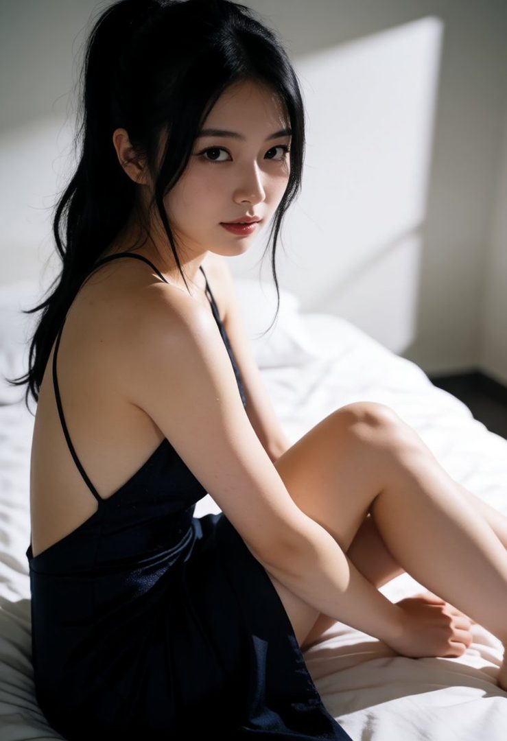 A young East Asian woman with long black hair tied in a high ponytail, wearing a dark slip dress, poses seductively on a bed in soft natural light.