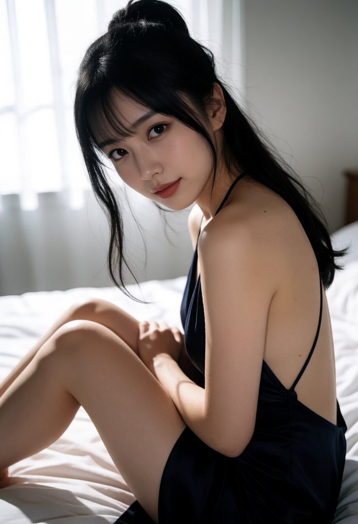 A young East Asian woman with long black hair tied in a ponytail, wearing a dark blue slip dress, sits on a bed with soft lighting.