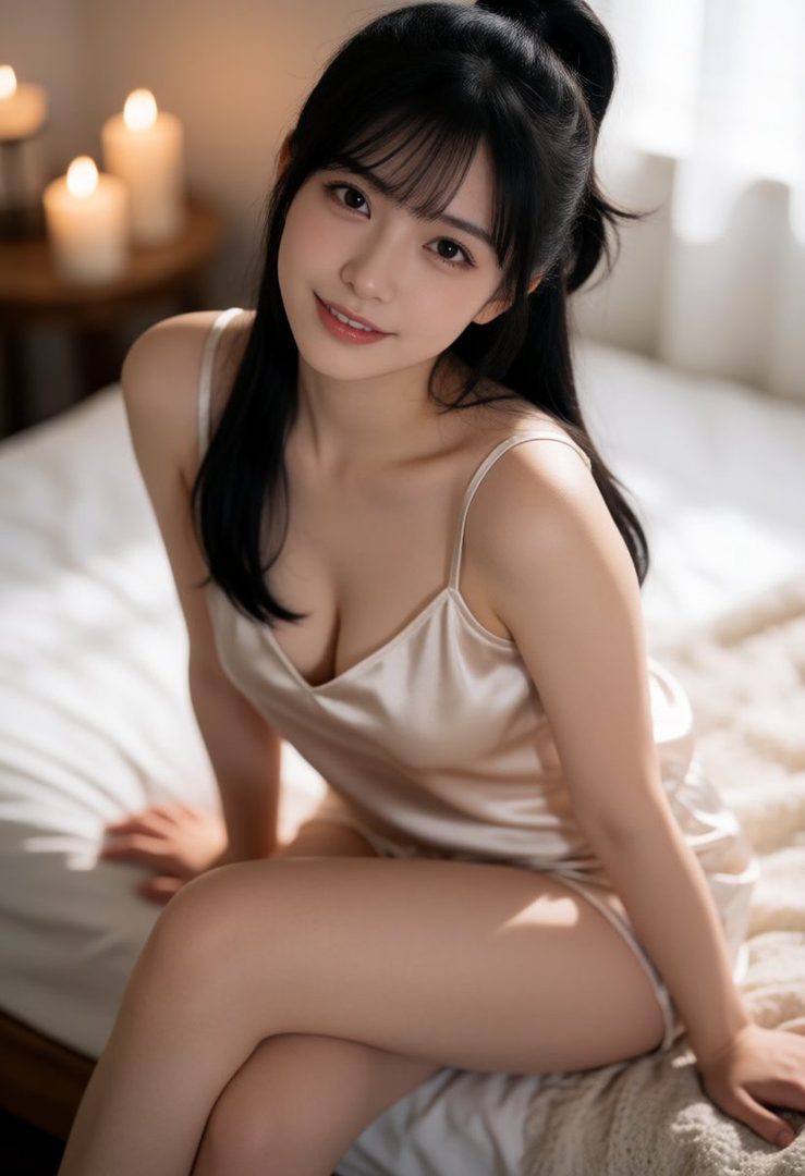 A beautiful young East Asian woman with long black hair tied in a high ponytail, wearing a satin camisole, sits on a bed in soft morning light, with candles in the background.